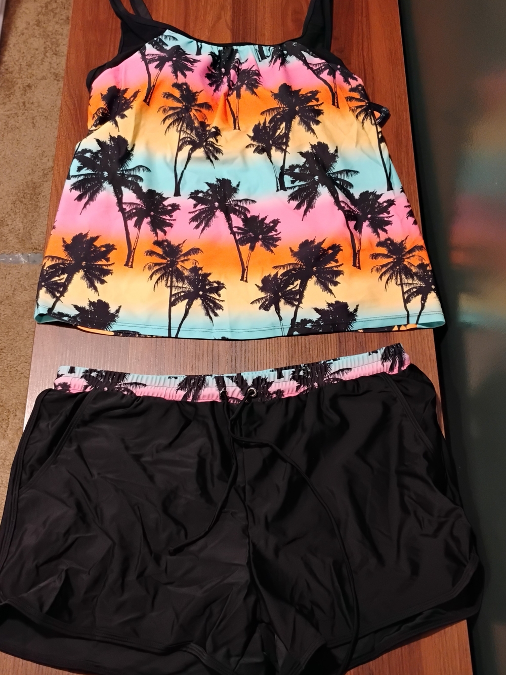 Tropical Palm Print Tankini Top with Black Swim Shorts